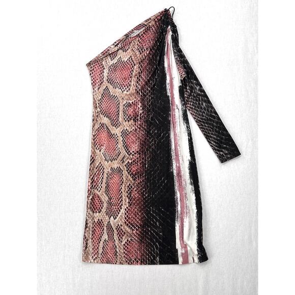 ROBERTO CAVALLI Python Printed One Sleeve Dress XL Pink Black Snake Asymmetric - Picture 2 of 13